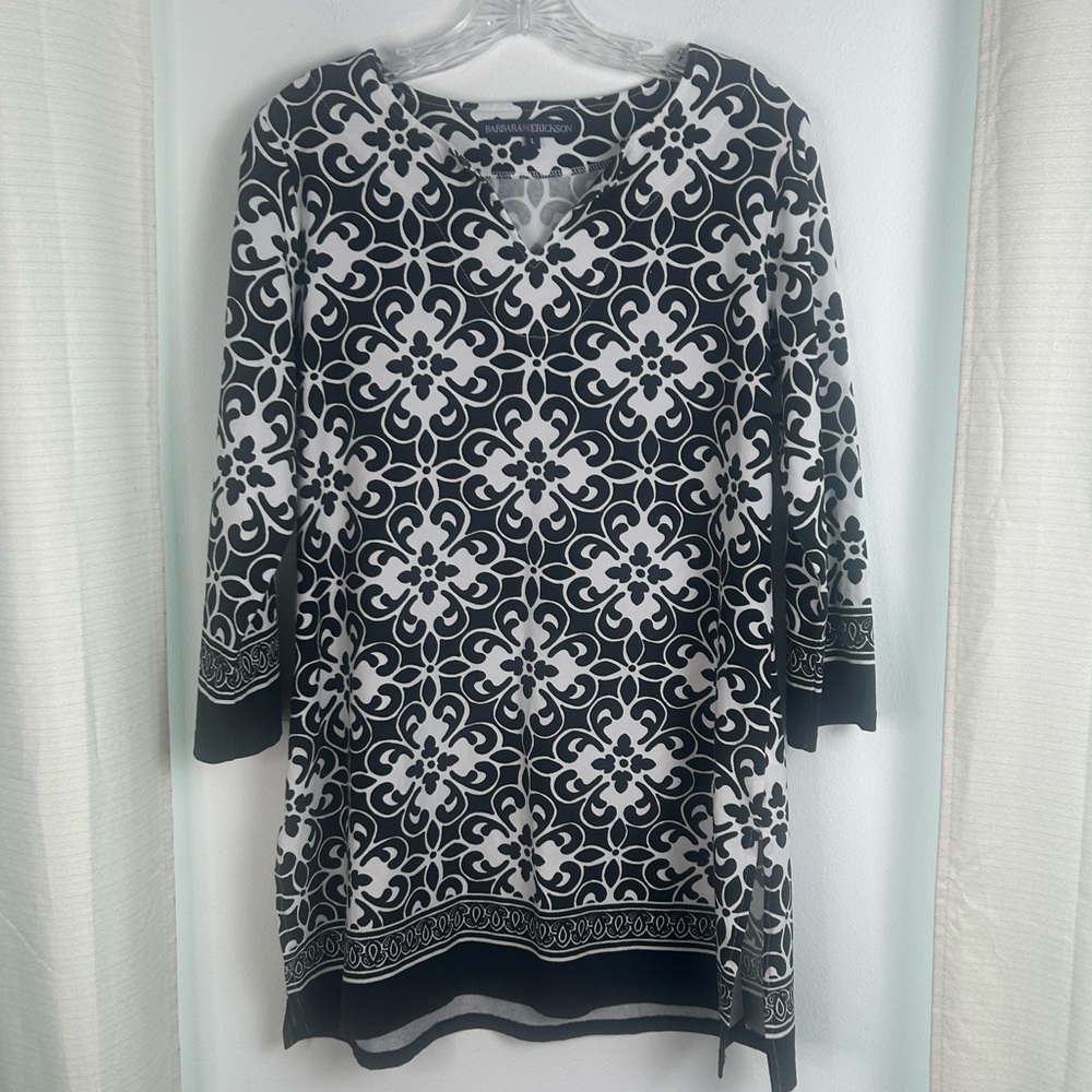 Barbara Erickson Shrift Tunic Dress Black White Floral Geometric Womens Large